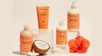 SheaMoisture Coconut & Hibiscus range of products lined up with a coconut and hibiscus flower
